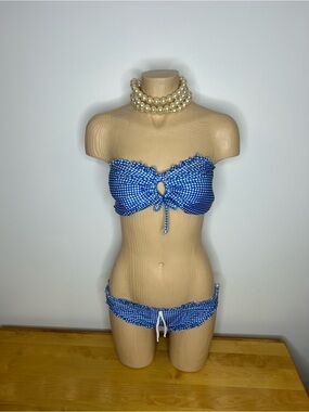 Blue Gingham Bandeau Bikini Set with Front Keyhole and Tie❤️M